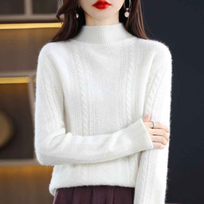 【 Famille Cachemire 】 Pull d'automne et d'hiver à col semi-haut et base courte en laine pour femme, pull en tricot épais avec couche intérieure_voghion.com