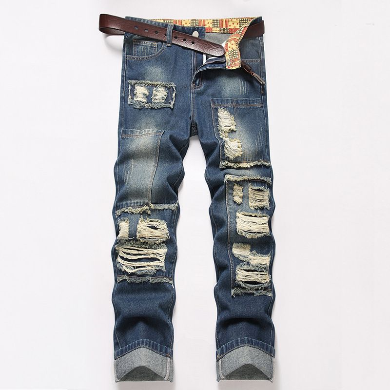 Herren Street Style Schwere Arbeitsloch Zerkratzt Geflickt Mode Lässige Jeanshose_voghion.com