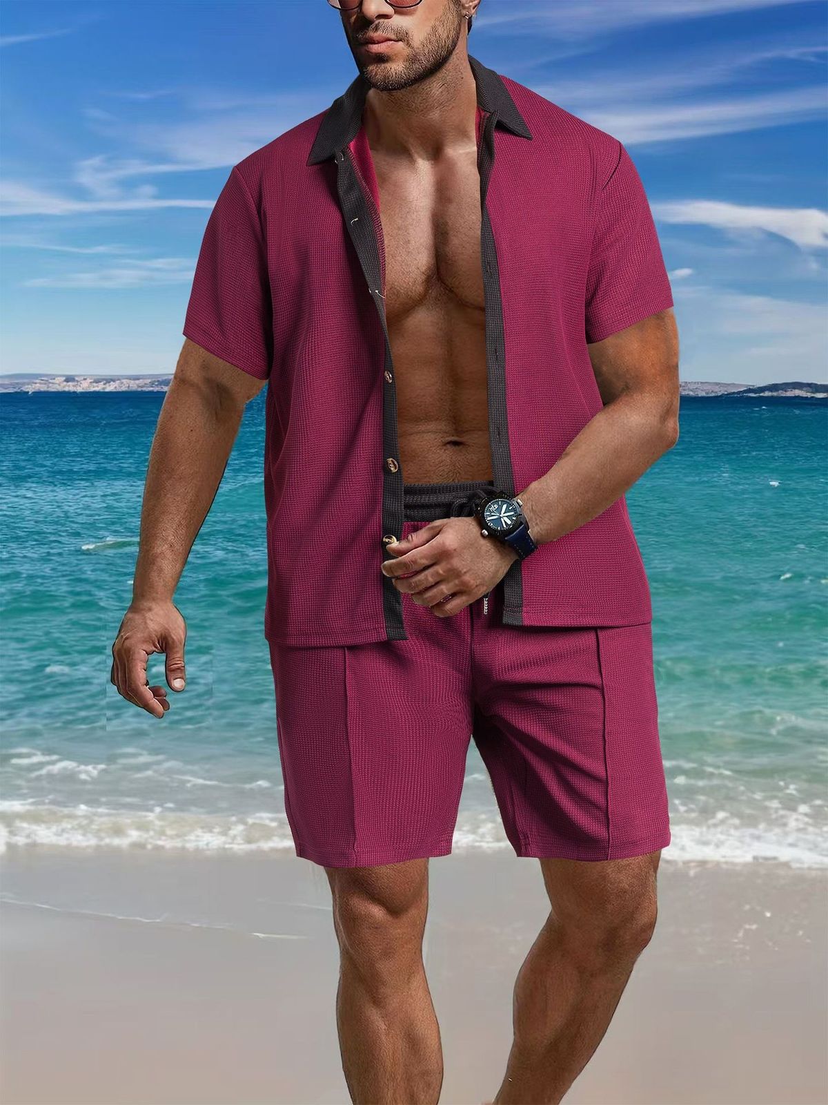 Heren casual veelzijdig revers overhemd met knoopjes in bijpassende kleur korte mouwen korte broek pak_voghion.com