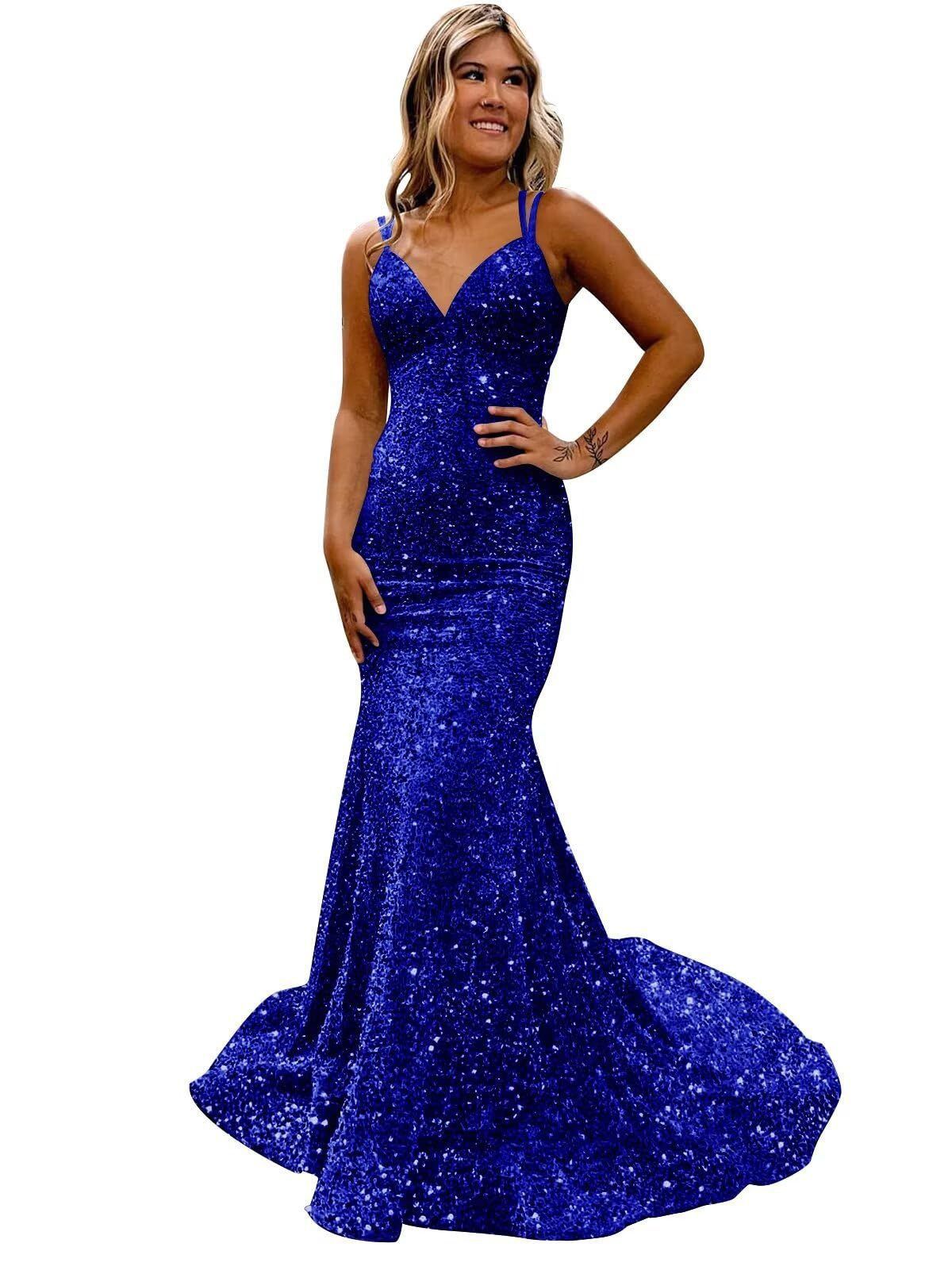 Sequined Ball Gown Slim Hip Wrapped Fishtail Small Trailing Evening Gown Spaghetti Straps V Neck Party Dress_voghion.com