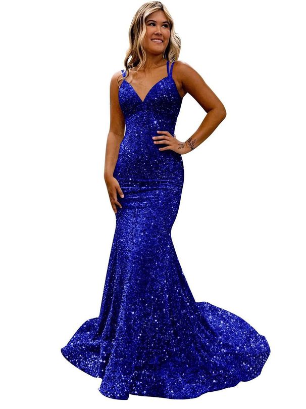 Sequined Ball Gown Slim Hip Wrapped Fishtail Small Trailing Evening Gown Spaghetti Straps V Neck Party Dress_voghion.com