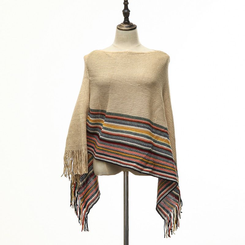 Cross-border supply European and American knitted cape shawls ethnic style cape tassel suit factory direct sales_voghion.com