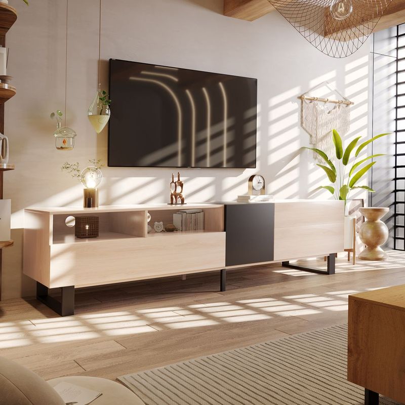 Modern TV Stand For 80'' TV With Double Storage Space, Media Console Table, Entertainment Center With Drop Down Door For Living Room, Bedroom, Home_voghion.com