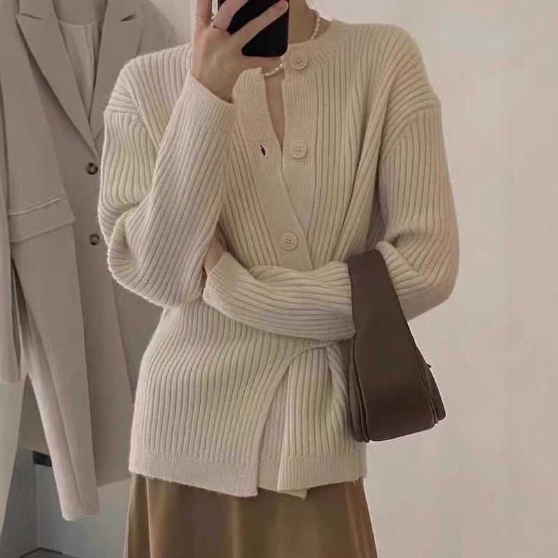 Cardigan en tricot avec boutons latéraux asymétriques - Pull ouvert à manches longues tendance pour femme, automne/hiver_voghion.com