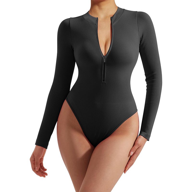 Damenbekleidung ohne Brustpolster, nahtloser Reißverschluss, langärmeliger Yoga-Anzug, lässiger Sport-Overall mit Gewinde, Body Shaper, individuell_voghion.com