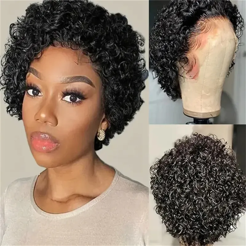 Parrucca corta riccia Pixie Cut con capelli umani e pizzo trasparente 180% densità capelli brasiliani Remy bordeaux_voghion.com