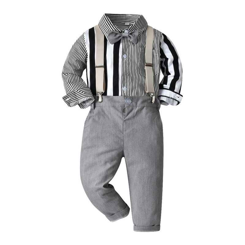 Children's autumn and winter new boys' long-sleeved shirt suit fashion style color-blocked striped shirt suspender trousers suit_voghion.com