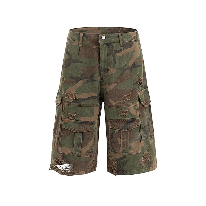 Vêtements pour hommes, pantalons délavés à sept points, salopettes à trous, shorts amples à jambes larges_voghion.com