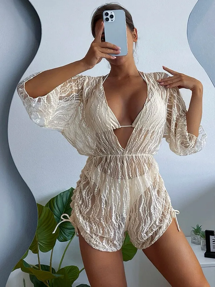 Maillot de bain une pièce à manches longues en maille avec ceinture et imprimé taille haute et cordon de serrage pour femme_voghion.com
