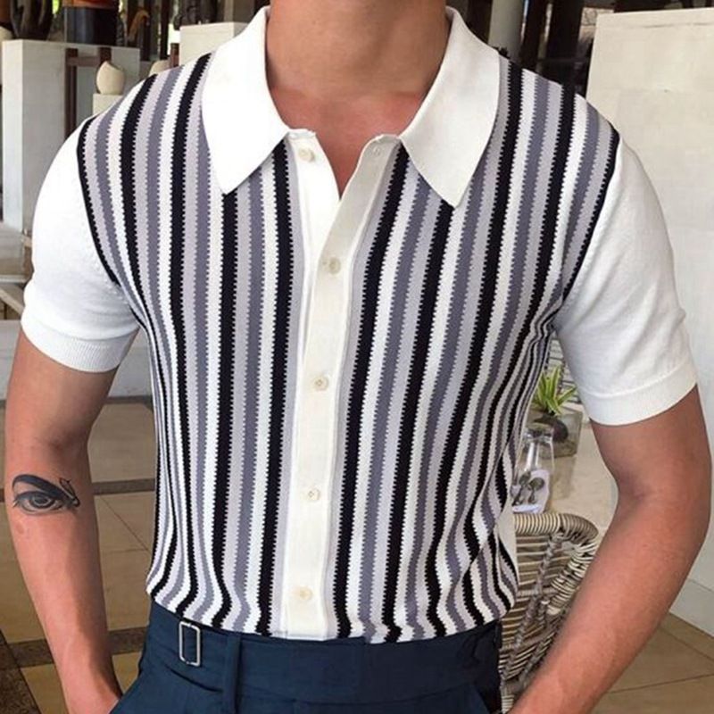 Summer New Black And White Stripe Contrast Knitwear Men's Short Sleeve Slim Fit Thin Polo Shirt SY0059_voghion.com