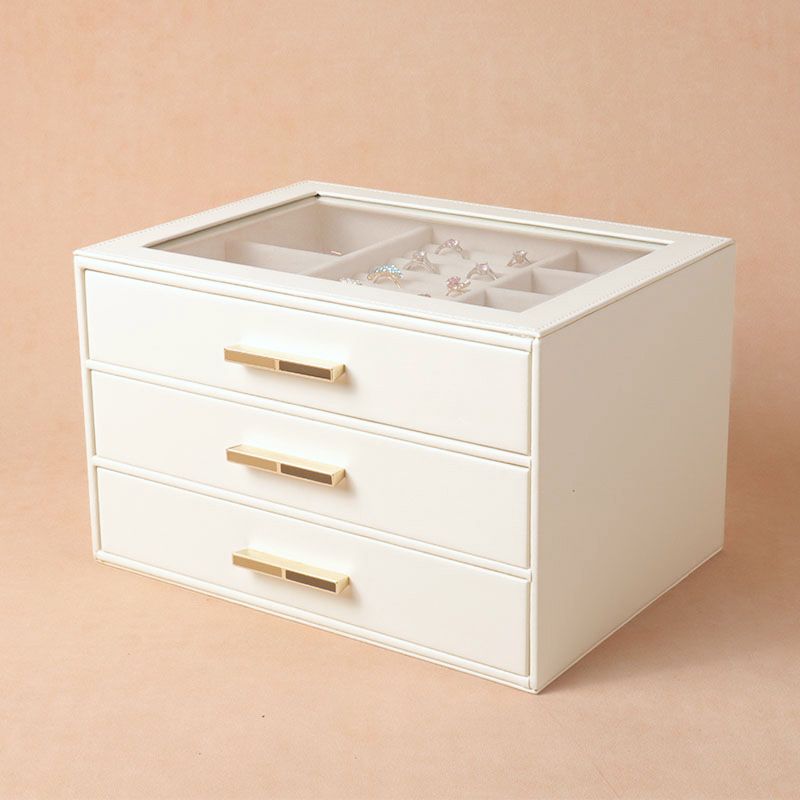 Schmuckschatulle – 3-stufige Aufbewahrungsbox aus PU-Leder mit Glasplatte für Halsketten, Ohrringe und Goldschmuck (Weiß/Rosa, 25 x 18 x 16 cm)_voghion.com