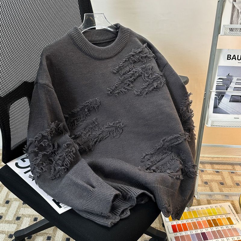 New tassel distressed sweater for men and women, loose round neck, inner knit sweater, autumn and winter outerwear_voghion.com