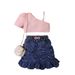 Moeder & Kinderen Kinderkleding Meisjes Effen Kleur Vest Mouwloos Top Denim Open Zak Geplooide Rok Pak Riem_voghion.com