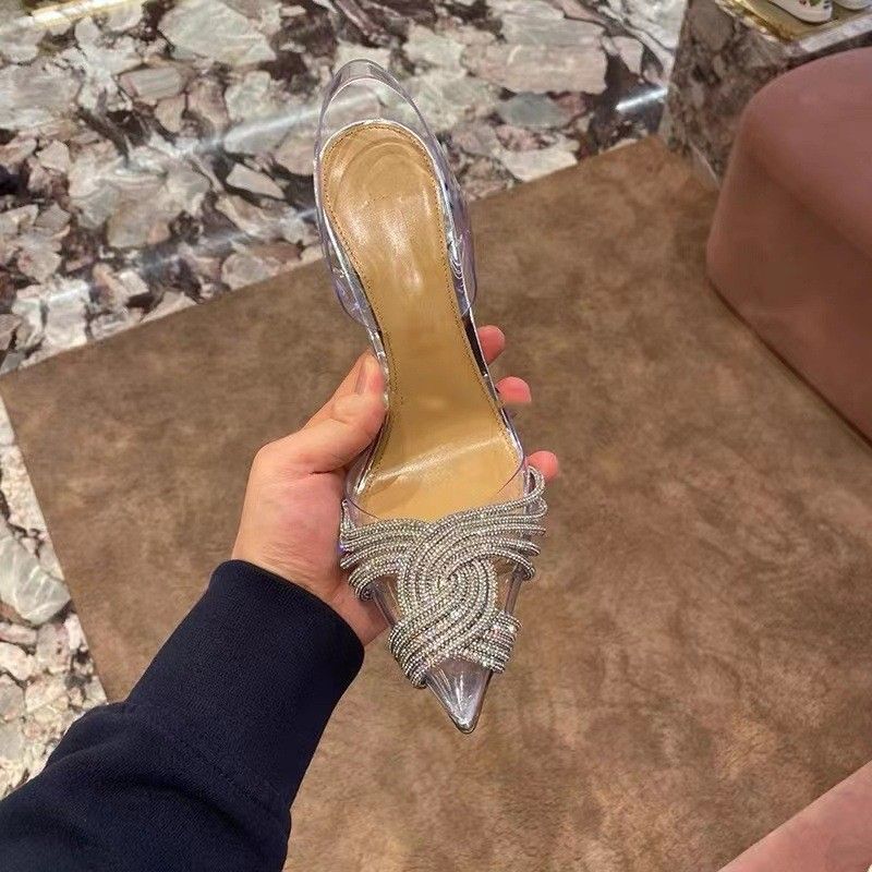 PVC transparent sandals Baotou cross diamond high heels 23 spring and summer new after empty shallow mouth sweet banquet wedding shoes_voghion.com