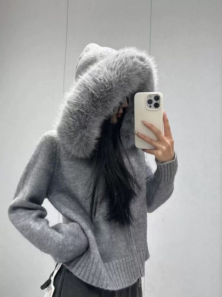 Women's Clothing Vintage Korean Style Oversized Knit Cardigan Women's Long Sleeve Hooded Sweater Coat_voghion.com