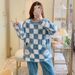Long haired pajamas for women in winter 2023, sweet checkered long sleeved pants with plus size 260 pounds, chubby MM_voghion.com