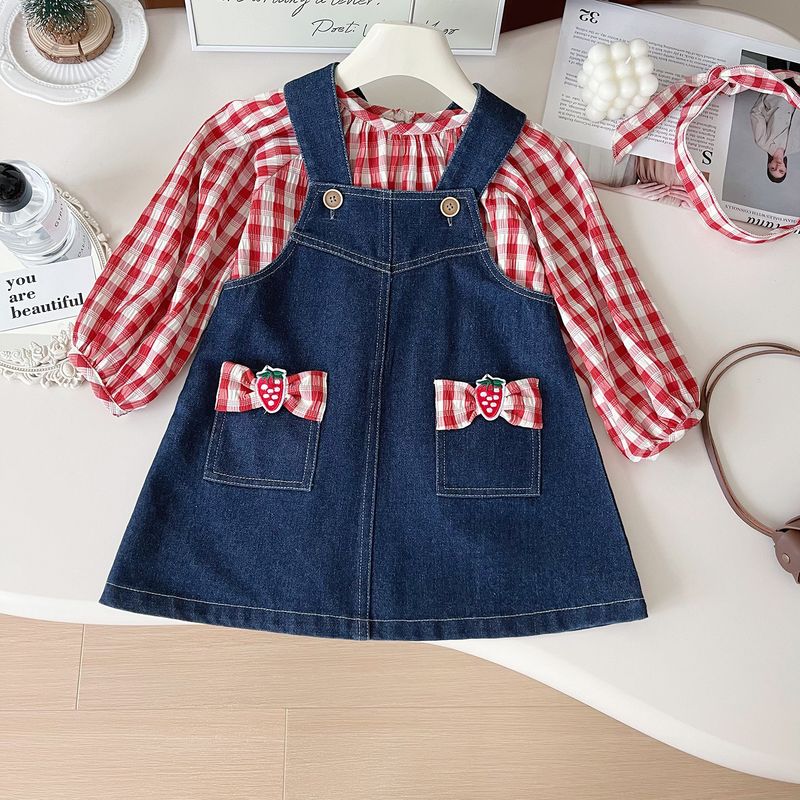 Ensemble jupe gilet cowboy pour filles printemps et automne 2024, nouvelle chemise à carreaux pour bébé à la mode 67370_voghion.com