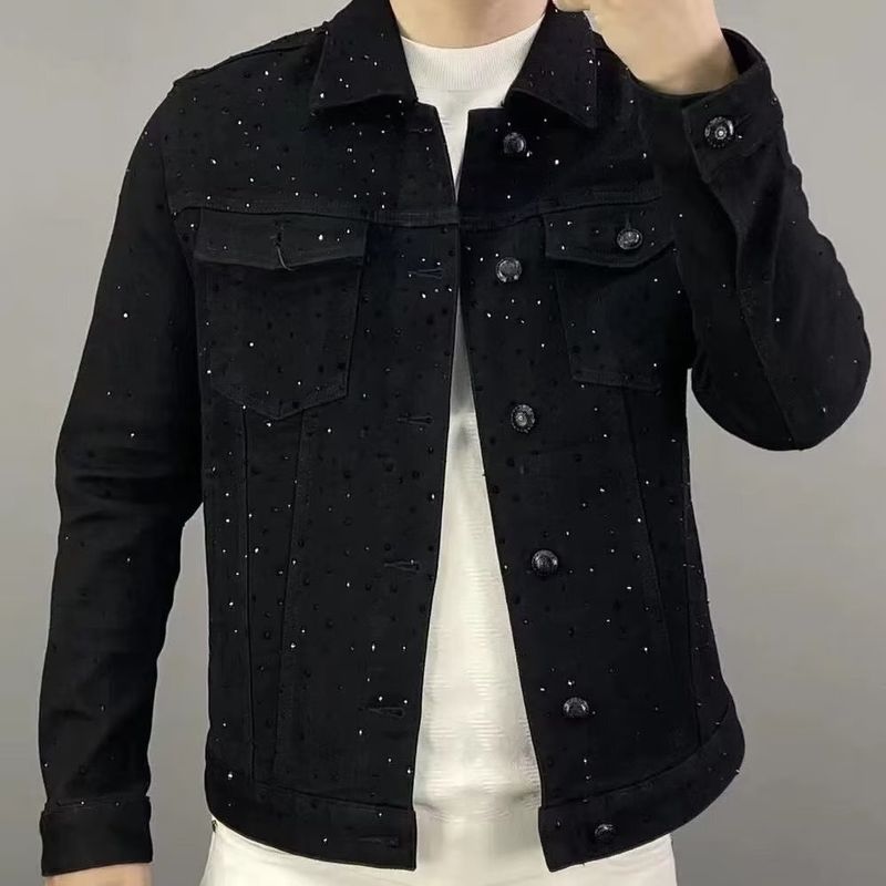 Herrenbekleidung ​Schwarze Jeansjacke im Used-Look mit Strasssteinen – Übergroßer, lockerer Schnitt, winddichter Mantel mit Reißverschluss und mehreren Taschen für Damen und Herren (M-XXXL)​_voghion.com