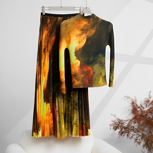 Women's Clothing Miyaki dress Miyaki pleated fashion contrast color round neck long sleeve maxi skirt casual all match skirt suit_voghion.com