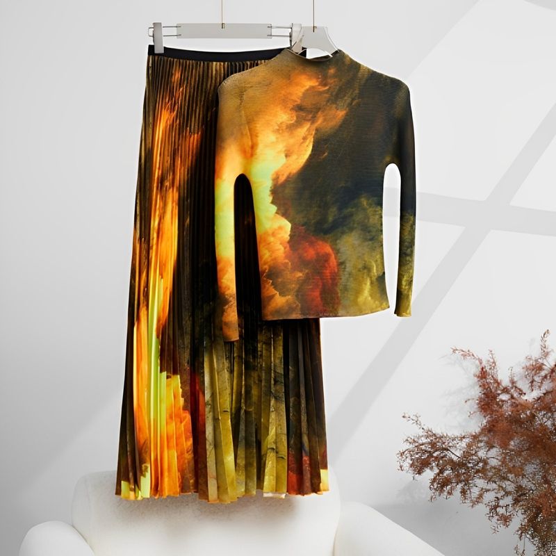 Abbigliamento donna Miyaki abito Miyaki plissettato moda contrasto colore scollo tondo manica lunga gonna lunga casual tutto abbinato gonna tuta_voghion.com