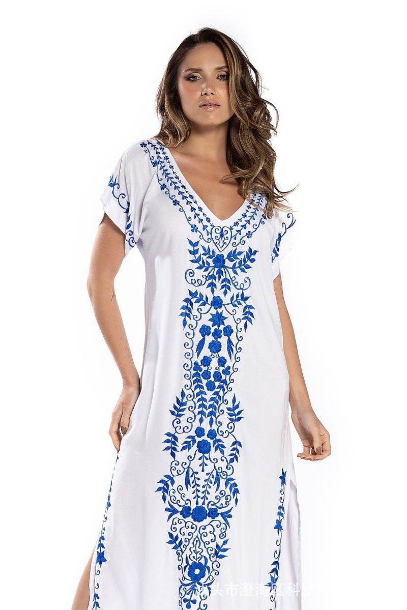 Bata de playa bordada para mujer, falda larga para vacaciones, vestido de protección solar para playa_voghion.com
