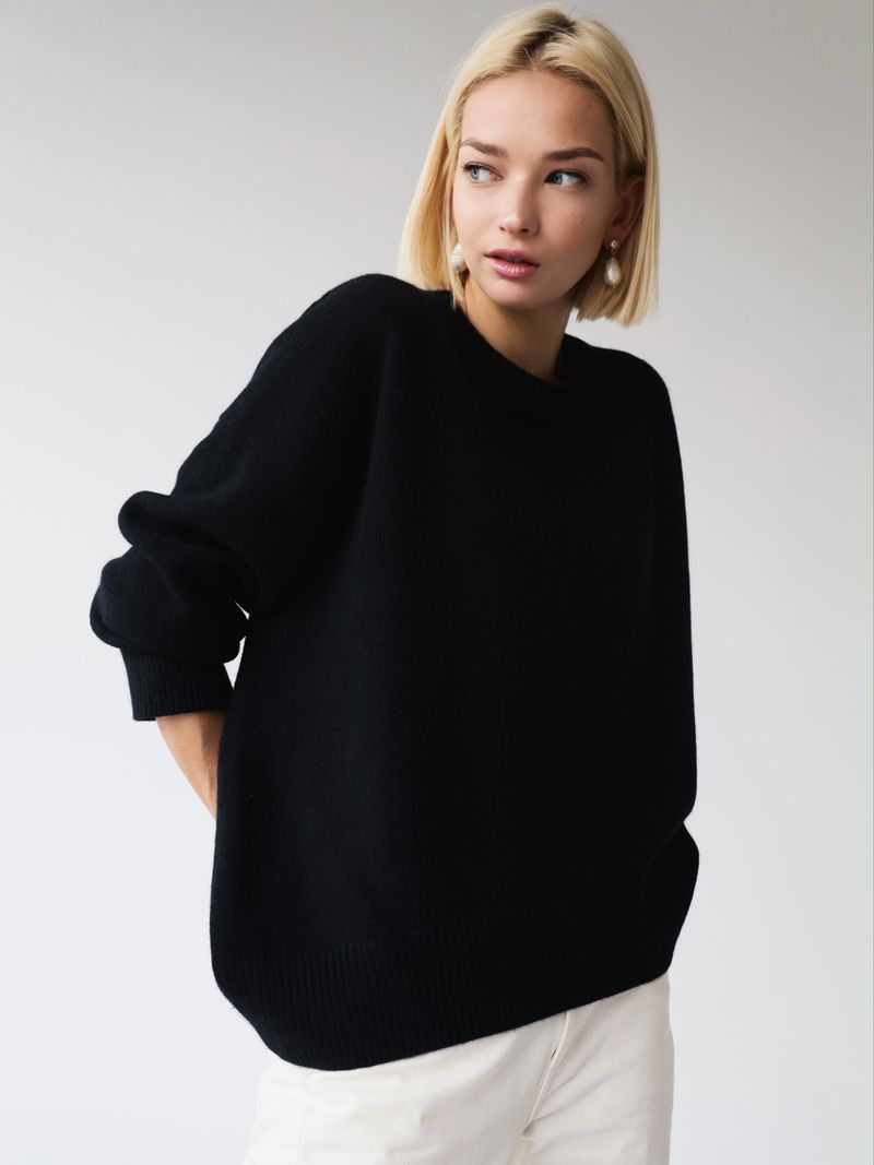 Einfarbiger Damenpullover mit Rundhalsausschnitt, lockerer, einfarbiger Langarmpullover_voghion.com
