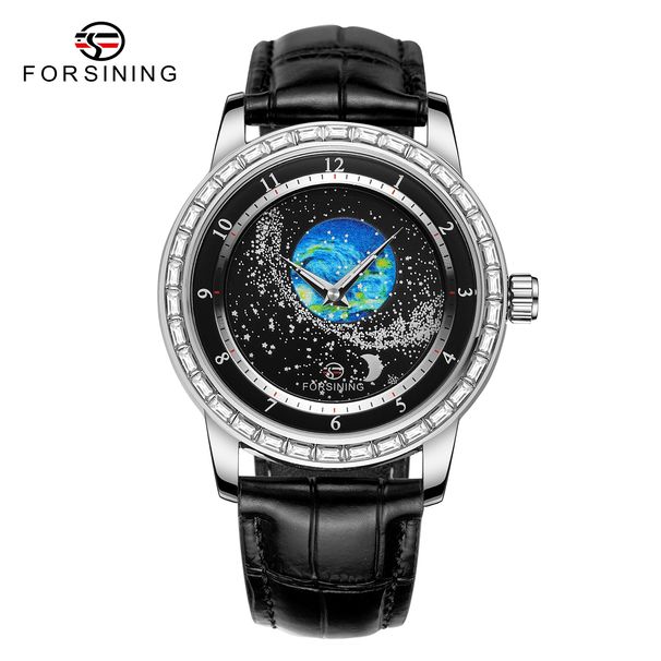 Orologio meccanico automatico da uomo FORSINING Design Earth Star Moon Set con diamanti, cinturino originale, impermeabile, per affari, 2024_voghion.com