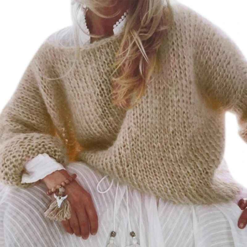 Frauen Laterne Langarm O-ansatz Pullover Fuzzy Mohair Pullover Top Grobstrick Einfarbig Übergroßen Lose Pullover_voghion.com