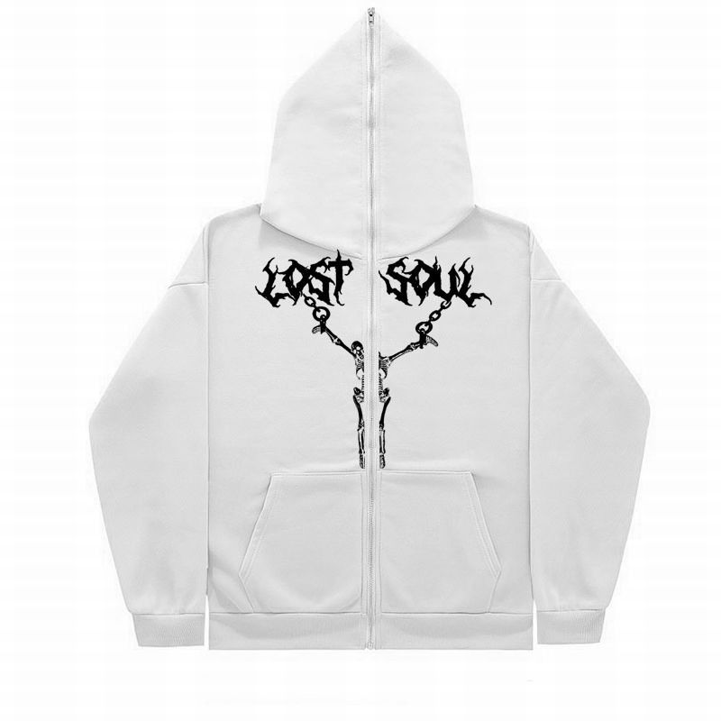Herrenbekleidung Sweatshirt mit durchgehendem Reißverschluss und Retro-Oberteil mit Totenkopf-Eisenketten-Print_voghion.com