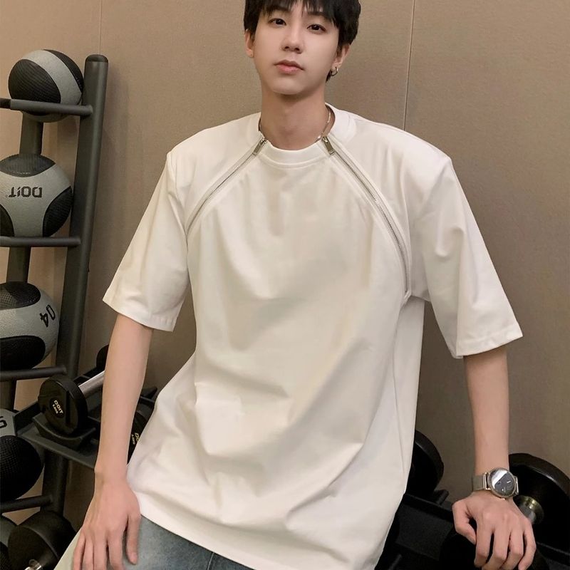 Retro Double Zipper Shoulder Pad Design Short Sleeved Men's Casual Versatile Round Neck T-shirt Top_voghion.com