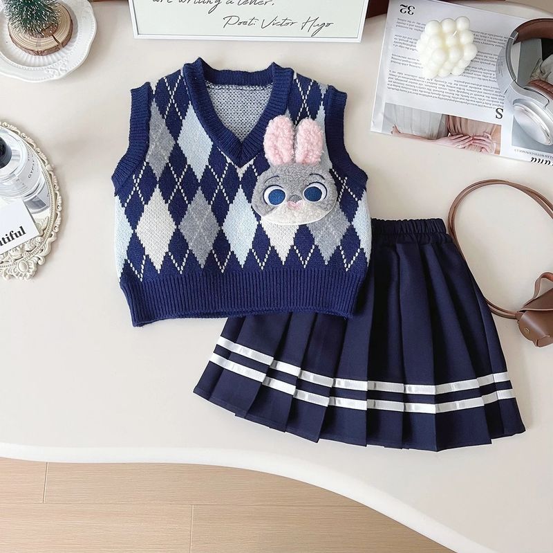 Mother & Kids Girls Rabbit Police Officer Uniform Cute Suit Children's Knitted Vest Skirt Suit_voghion.com