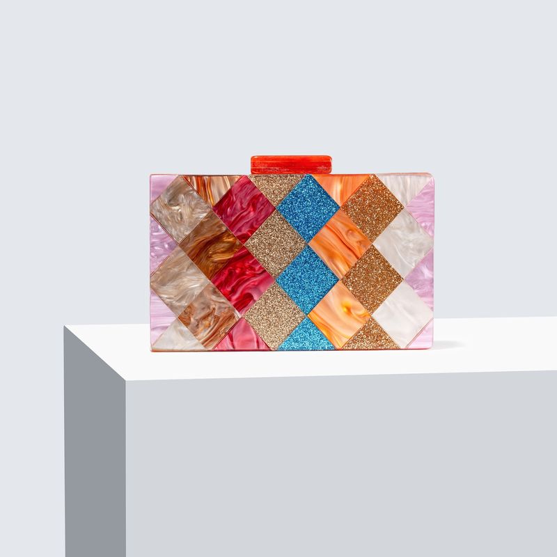 Bolso de mano para mujer con costuras en contraste de acrílico, bolso de mano de un solo hombro con diseño diagonal para bodas y fiestas._voghion.com