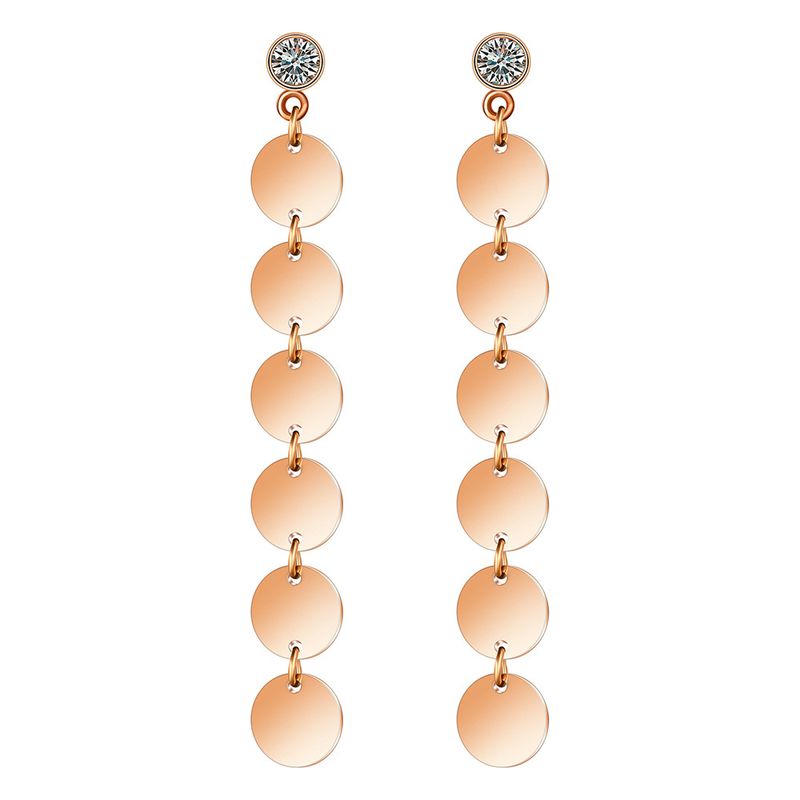 Orecchini pendenti con nappa geometrica lunga di sei dischi rotondi in acciaio inossidabile con singola pietra zirconia cubica per donna_voghion.com