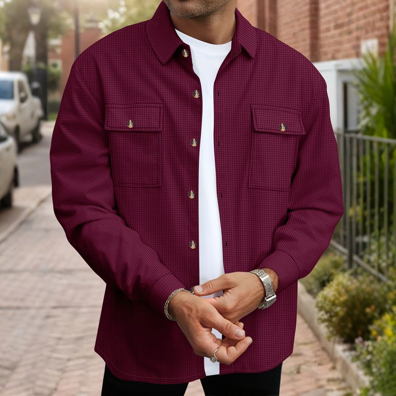 Autumn Men's Solid Color New Waffle Double Pocket Cardigan Button Long Sleeve Casual Shirt_voghion.com