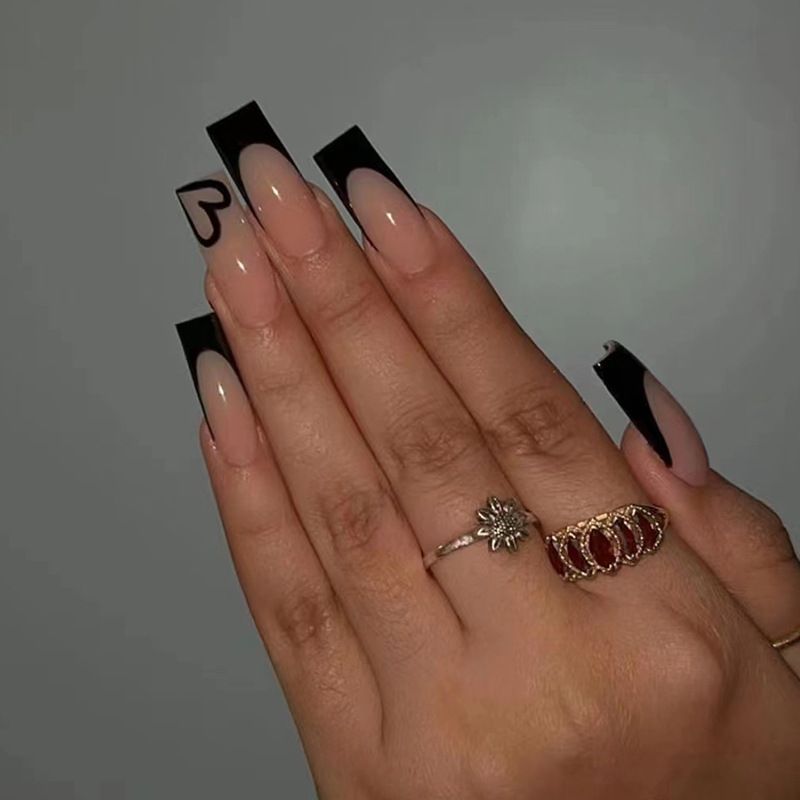 Long 24Pcs Ballet False Nails With Rhinestone Glitter Black French Fake Nail Wearable Ballet Press On Nails Fu_voghion.com