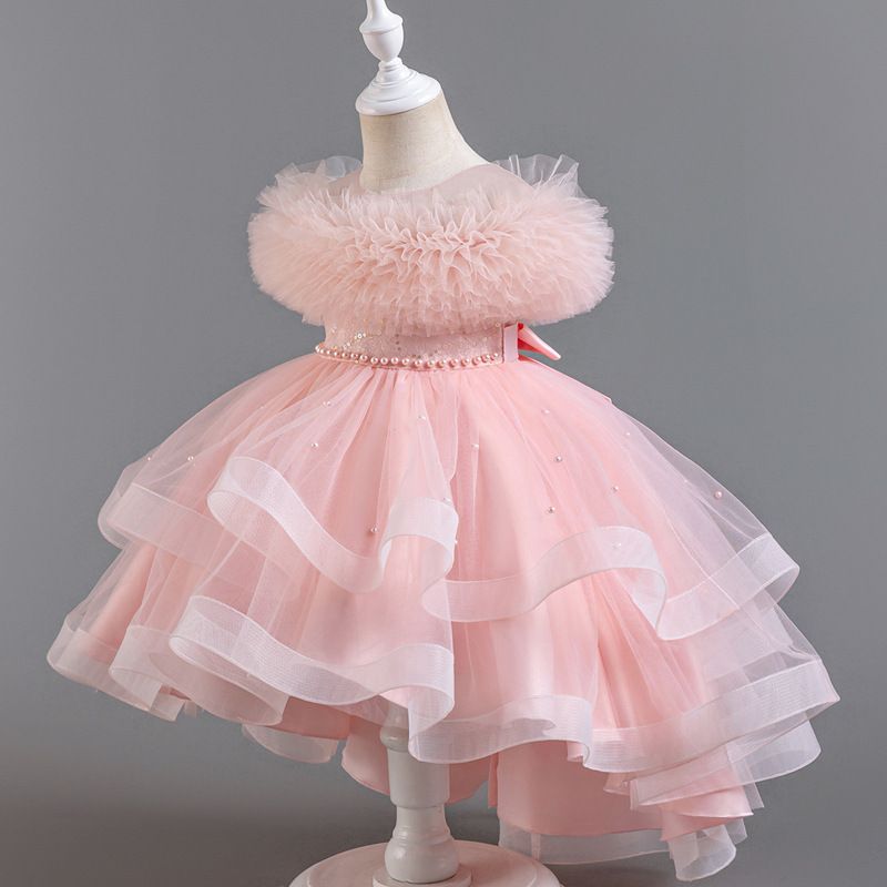 [PetiteBride] Robe de mariée sans manches pour fille – Robe de concours en tulle à volants et traîne | Robe de demoiselle d'honneur et de cérémonie (4-13 ans)_voghion.com