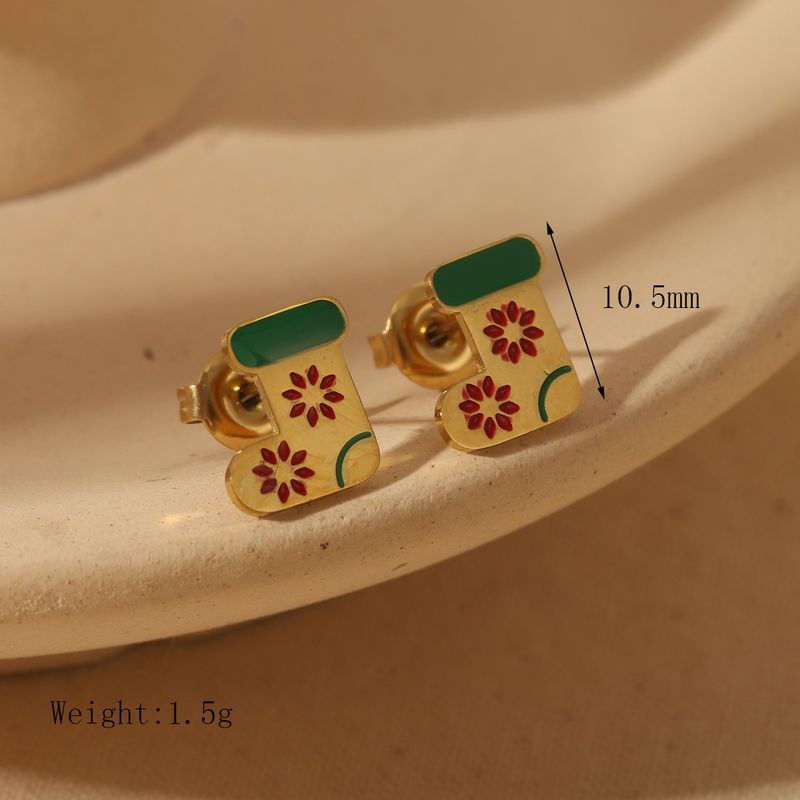 1 Pair Christmas Sweet Simple Style Christmas Tree Santa Claus Enamel 304 Stainless Steel Zircon 14K Gold Plated Ear Studs_voghion.com