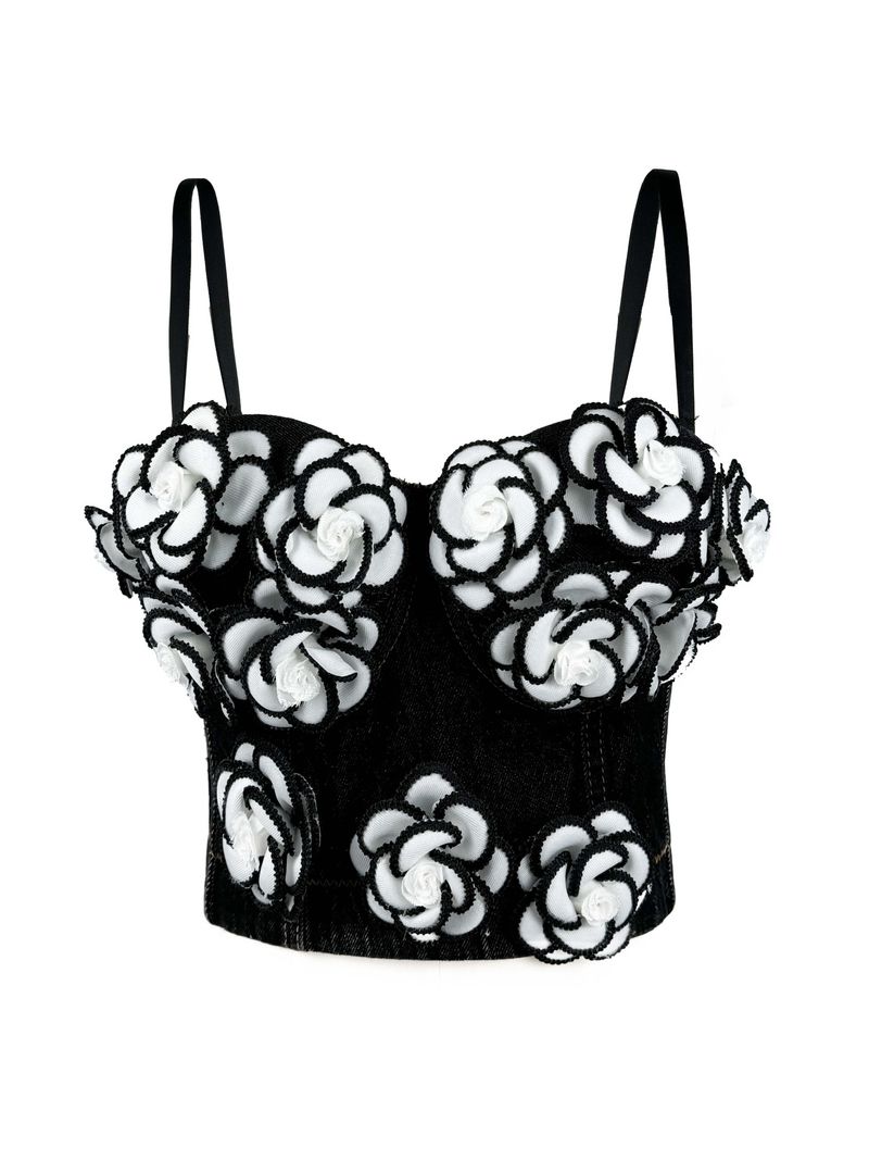 Damenbekleidung Handbesticktes Blumen-verziertes High-End-Sexy-Camisole-Denim-Fischgrätenkorsett_voghion.com