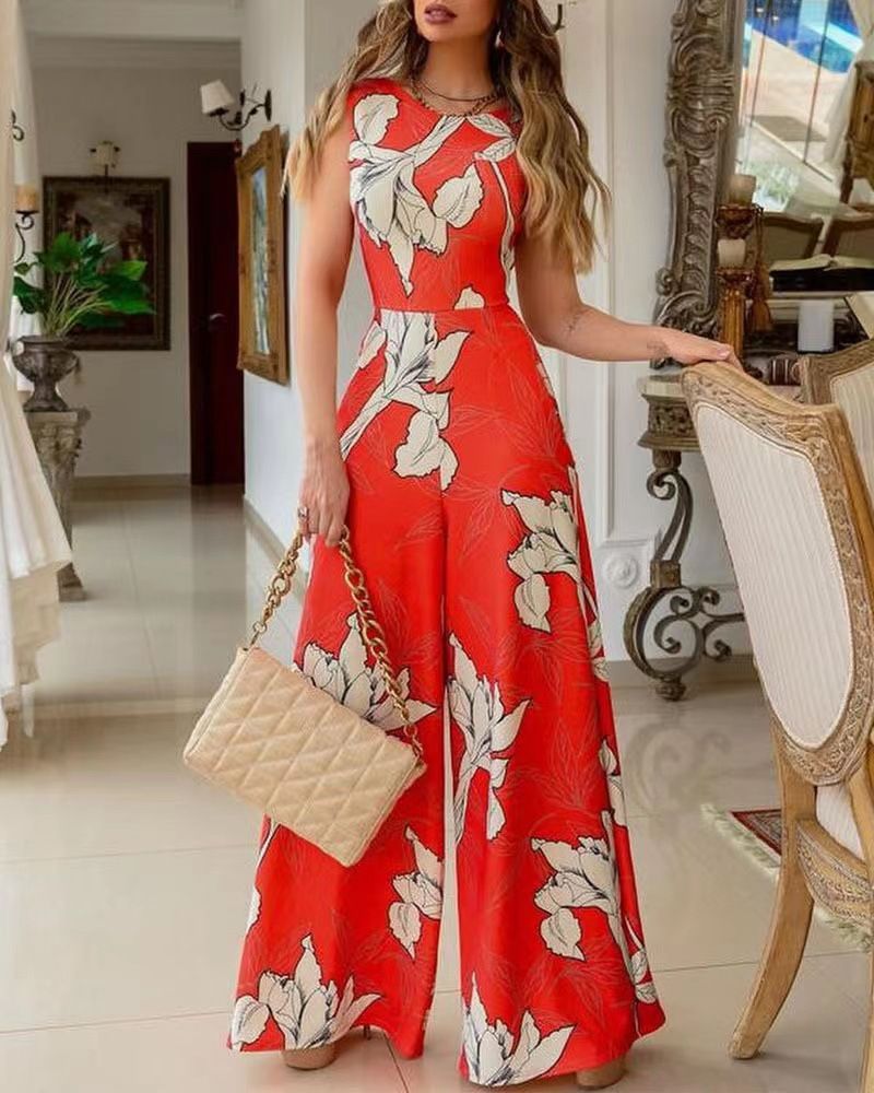 Women's  spring temperament commuting sleeveless large swing sling type printed purple high waist bodysuit_voghion.com