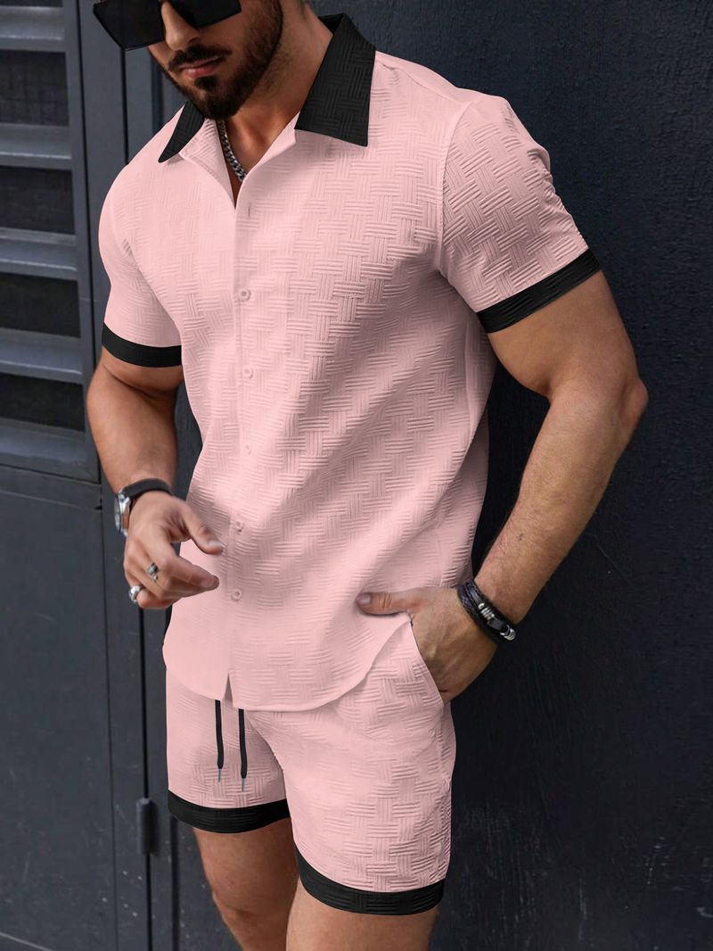 Herrenbekleidung Hemd Casual Colorblock Kurzarm Shorts Strandanzug_voghion.com