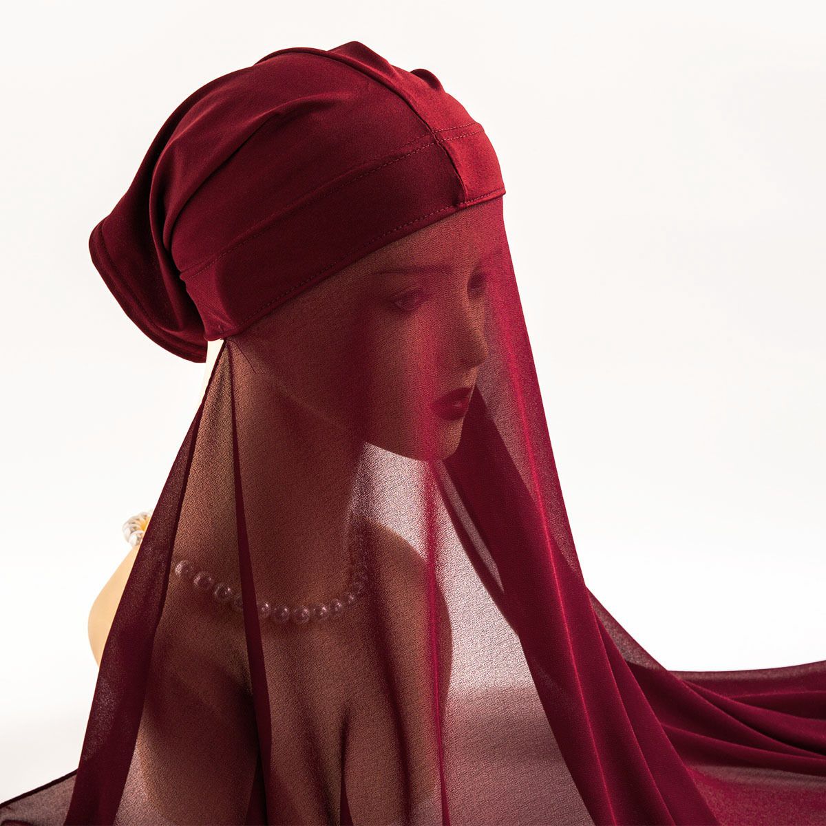 Διασυνοριακό νέο στυλ μονόχρωμο σετ καπέλων από σιφόν με μαργαριτάρια, γυναικείο βολικό κασκόλ με γάζα, κασκόλ, όλα σε ένα μακρύ κασκόλ_voghion.com