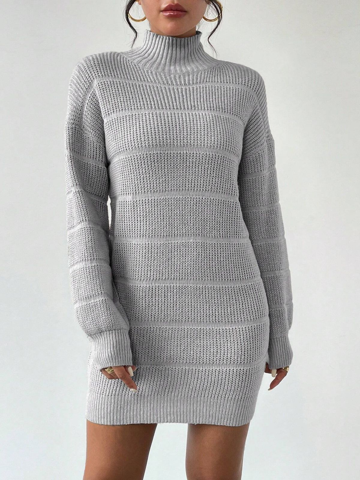 Slim-Fit Ribbed Knit Dress – Versatile Mock Neck Long Sleeve Bodycon Dress For Women (Black/White/Wine, S-XL)_voghion.com