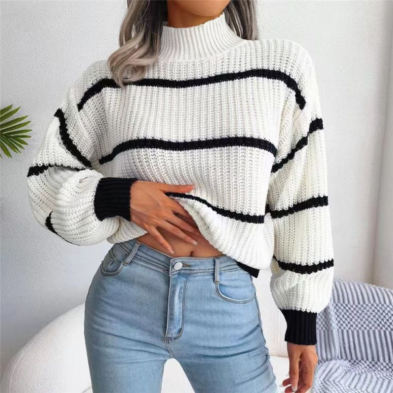 Women's casual striped lantern sleeve half-turtleneck sweater_voghion.com