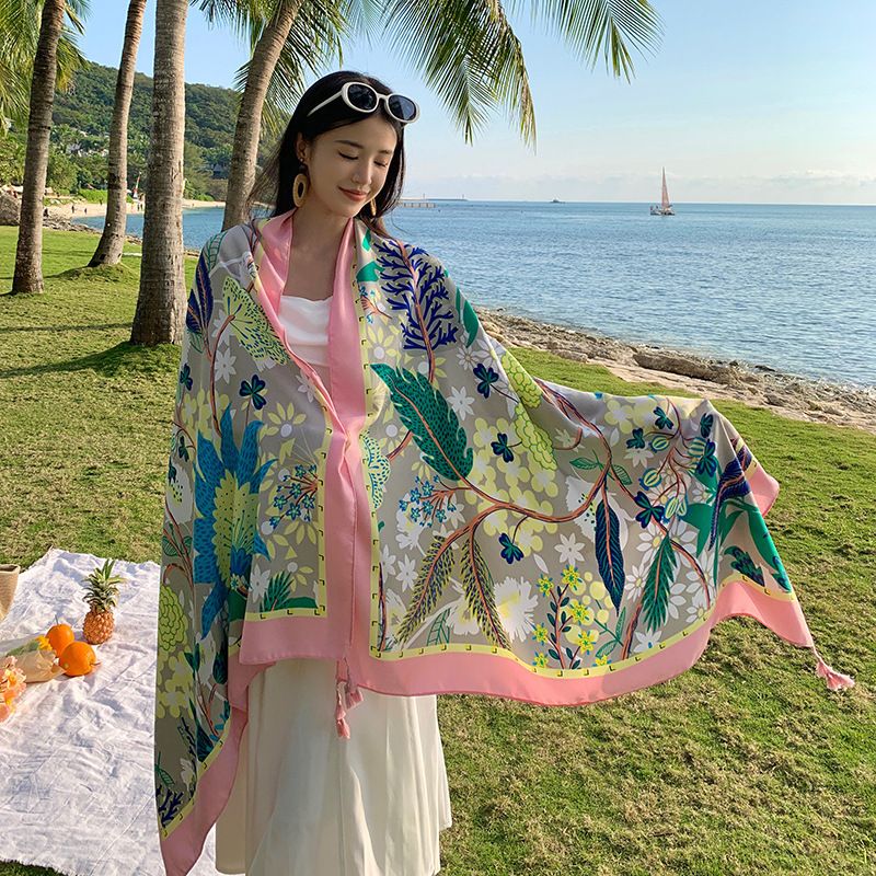 2024 Summer Seaside Vacation Travel Photography Multi functional Long Shawl Sunscreen and Sunshade Beach Towel Silk_voghion.com