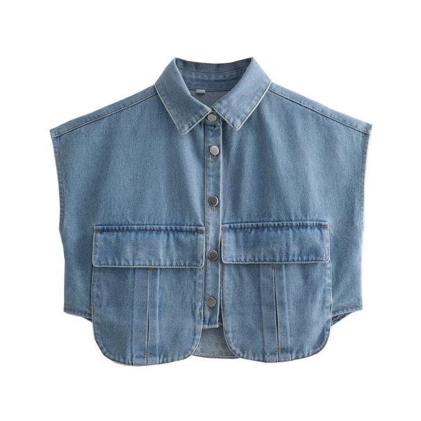 women's solid color large pocket sleeveless high-end cardigan Polo collar shirt denim top A19846_voghion.com