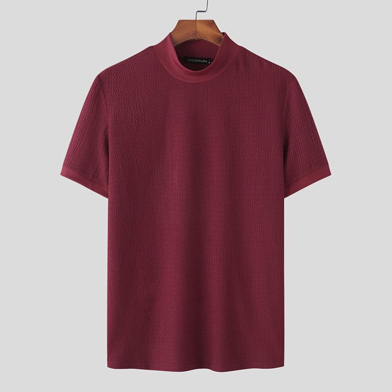 T-shirt décontracté en tricot simple pour homme, col montant, motif vagues, couleur unie, nouvelle collection été 2024_voghion.com