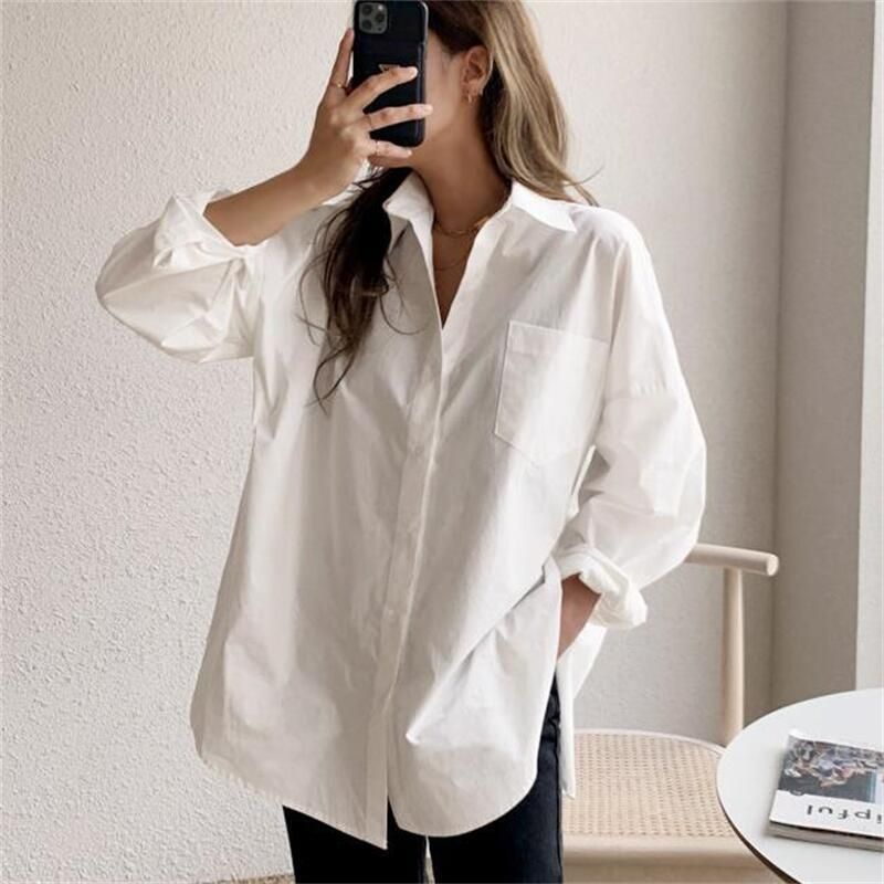 2024 inizio primavera versione coreana nuova camicia bianca a maniche lunghe con tasca larga e corta davanti e dietro per le donne_voghion.com