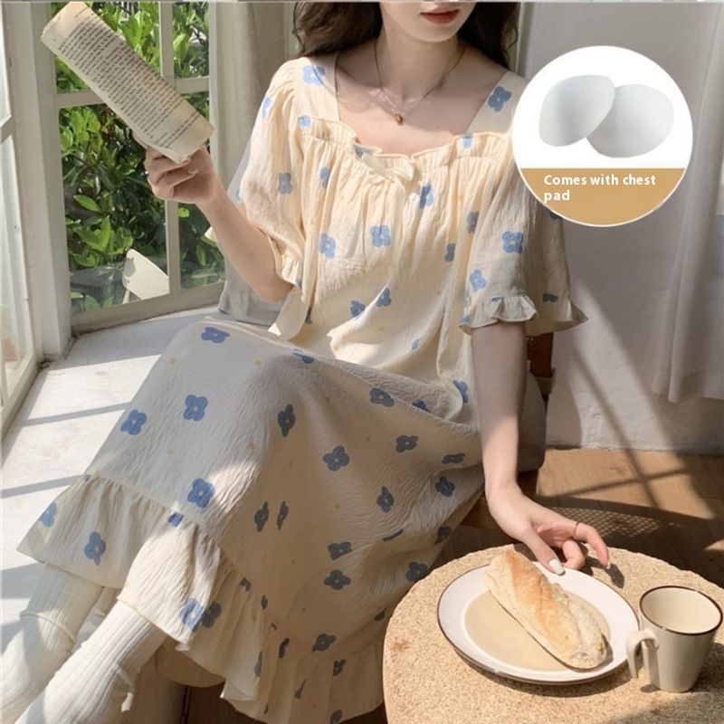 2024 Nachtwäsche Damen Sommer Tencel Cool Cotton Gürtel mit Brustkissengurt Mittellanger Schlafrock Süß_voghion.com