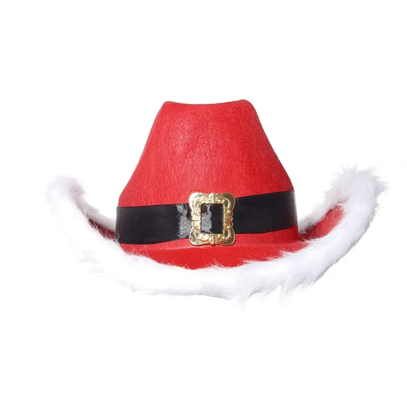 Moda Natal Chapéu de Cowboy Vermelho Inverno Mulheres Meninas Pena Cinto Preto Macio Chapéus Ajustável Confortável Luminoso Boné de Papai Noel Novo_voghion.com