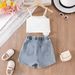 Kızlar 2025 Yaz Sıcak Satış Yeni Üç Boyutlu Çiçek Askılı Tişört Kelebek Kot Şort Küçük ve Orta Çocuklar İçin Takım Elbise_voghion.com